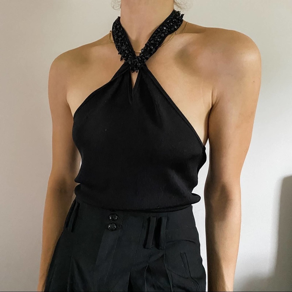 Ann Taylor Black Beaded Halter Neck Tank Top